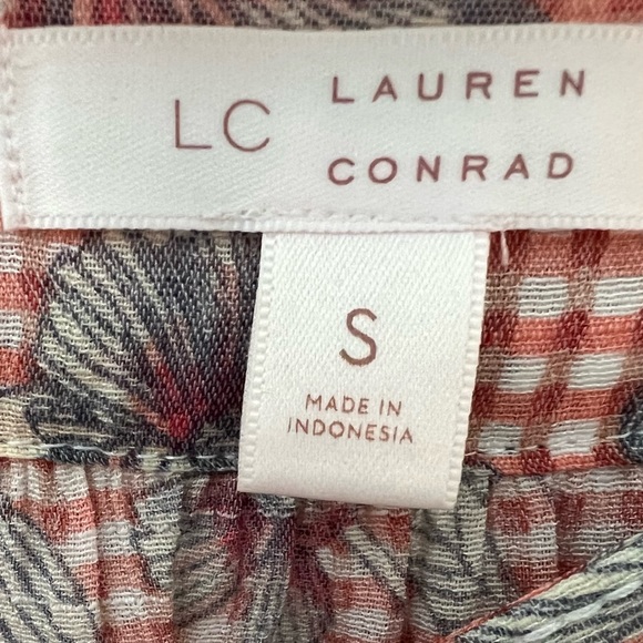 LC Lauren Conrad Square Neck Ling Sleeve Elastic Cuff Pink Gingham Floral Top S - Picture 6 of 7